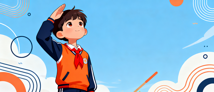 jimeng-2025-10-24-5098-卡通装饰，我要一张用在微信公众号首图的图片背景，小学生戴着红领巾，望向天空敬队礼...