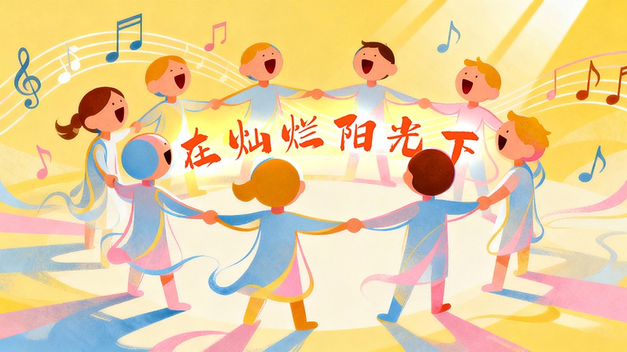 jimeng-2025-11-01-5265-我需要一张具有抽象的儿童合唱元素的二维平面插画背景图，要有艺术感，灵动，线条感，.